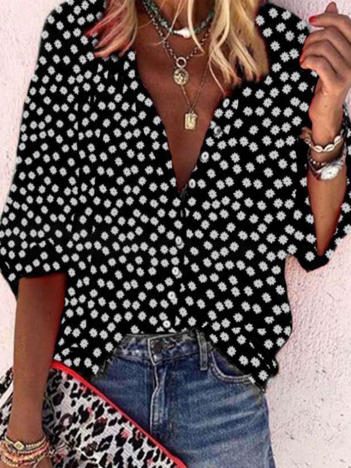 Vintage Half Sleeve Boho Floral Printed V Neck Casual Top