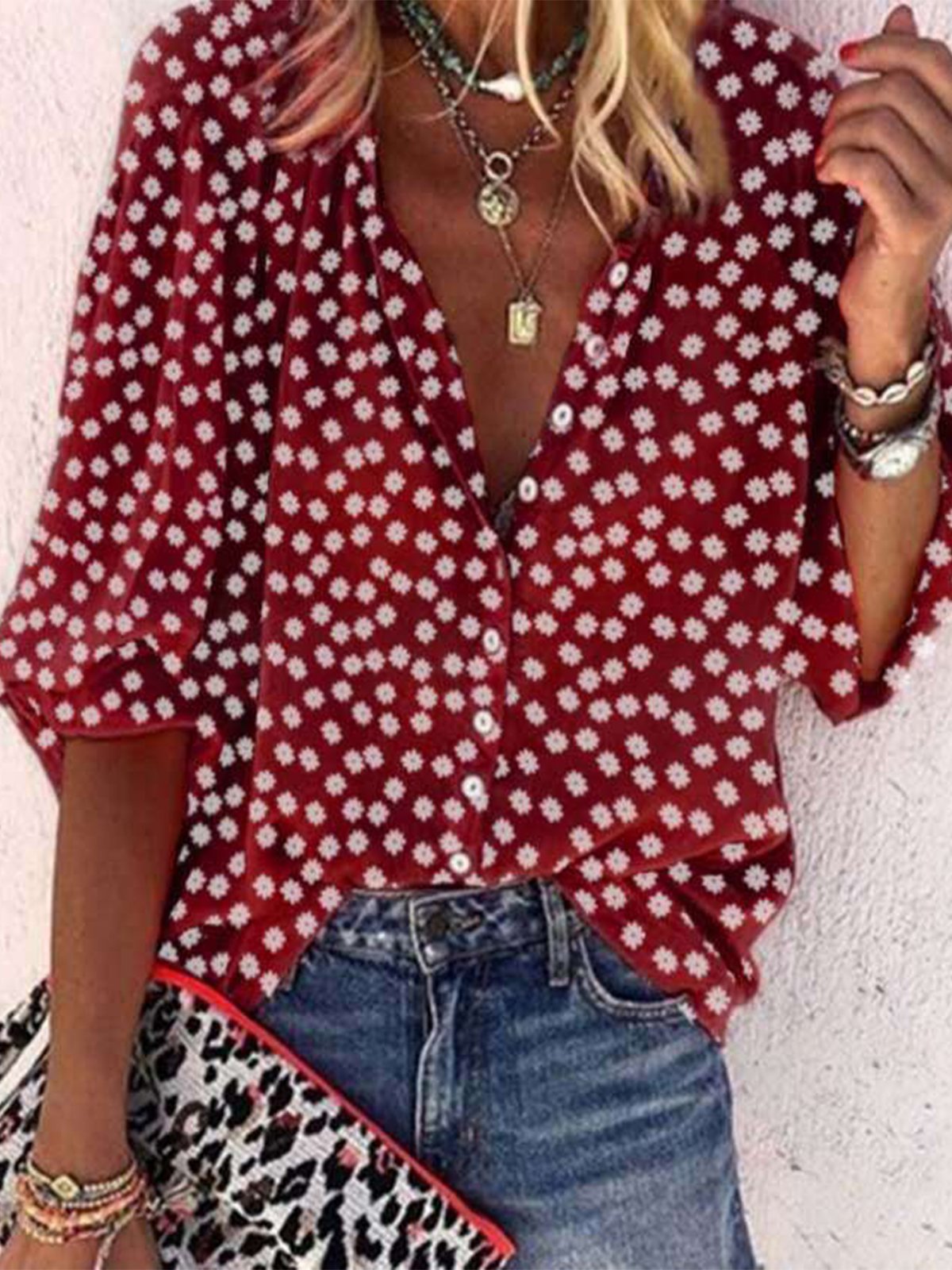 Vintage Half Sleeve Boho Floral Printed V Neck Casual Top