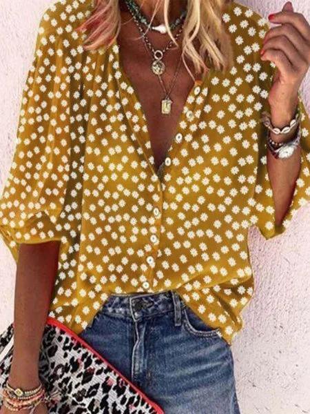 Vintage Half Sleeve Boho Floral Printed V Neck Casual Top