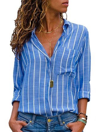 Shirt Collar Long Sleeve Striped Plus Size Printed/Dyed Shirt