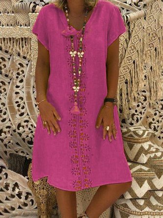 Cotton-Blend V Neck Floral-Print Casual Knitting Dress