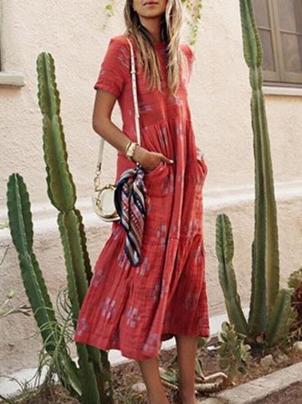 Red Pockets Cotton-Blend Short Sleeve Weaving Dress