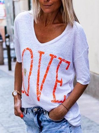 Love Print Round Neck Short Sleeves Casual T-shirt
