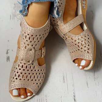 Studded Hollow Out Peep Toe Buckled Sandals