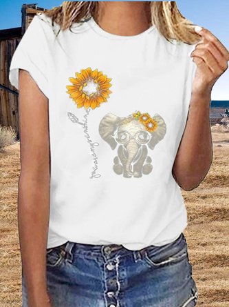 Vintage Short Sleeve Cute Sunflower Elephant Printed Plus Size Casual Tops