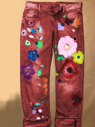 Denim Floral Casual Jeans