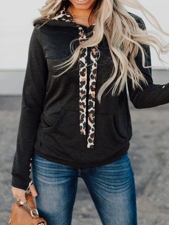 Black Cotton Hoodie Long Sleeve Leopard T-shirt