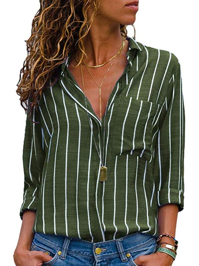 Shirt Collar Long Sleeve Striped Printed/Dyed Shirt