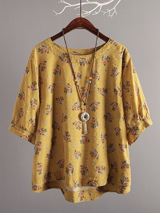 Casual Printed Balloon Sleeve Floral Blouse