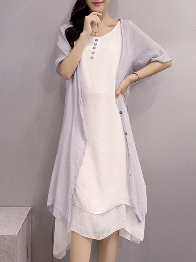 Crew Neck Two Piece Buttoned Casual Dress