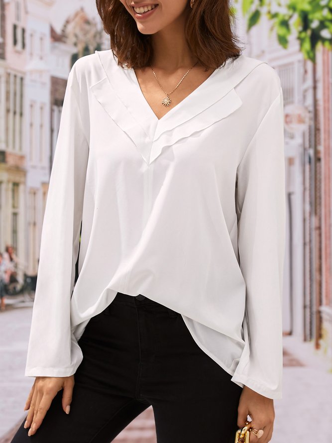 Solid Color V-neck Long-sleeved Blouse