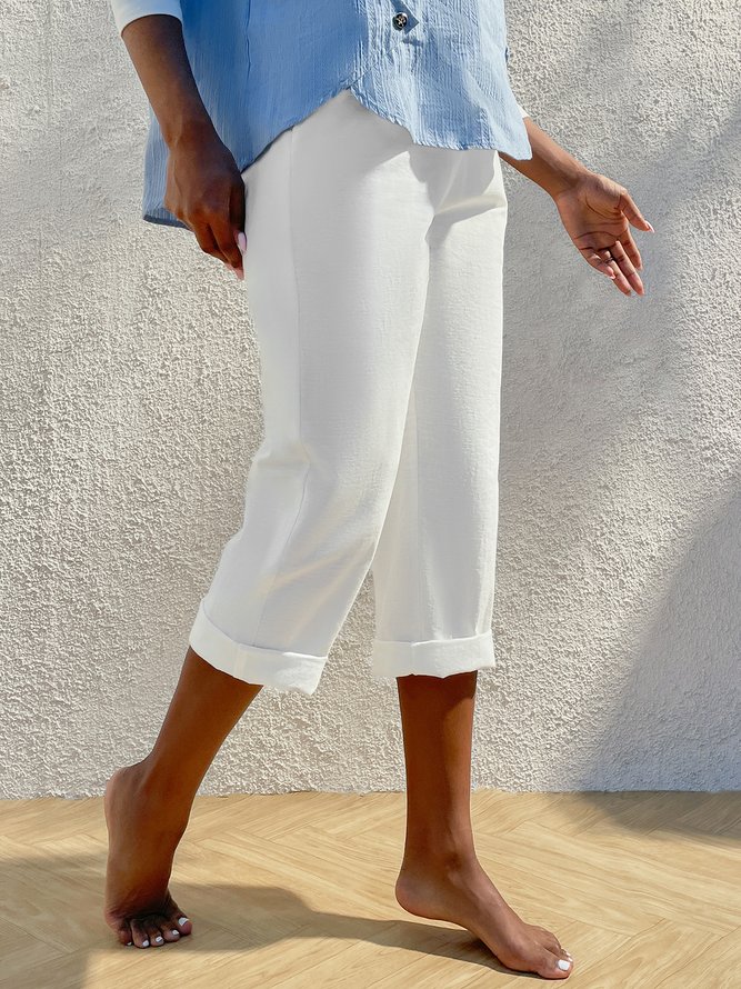White Cotton Solid Casual Pants