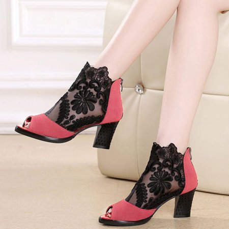 Andynzoe Chunky Heel Casual Lace Peep Toe with Zipper Ankle Boots