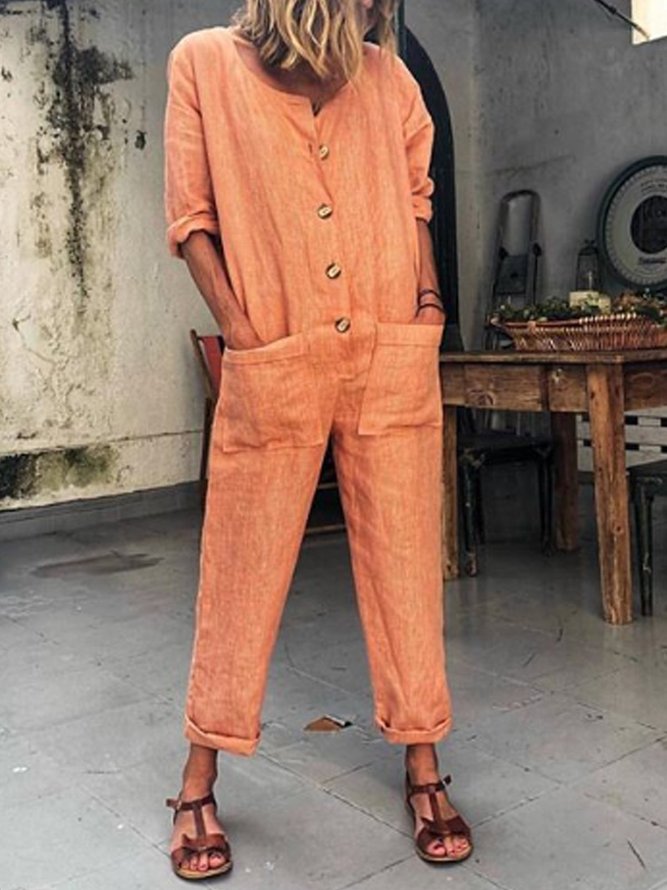 Buttoned Solid Casual Long Sleeve Jumpsuits
