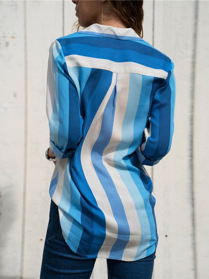 Stripe Printed Long Sleeve Casual Shirt Collar Blouses