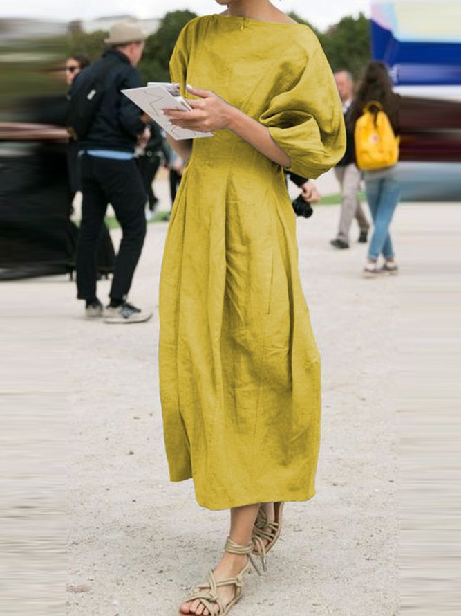 Solid Short Sleeves Elegant Midi Weaving Dress