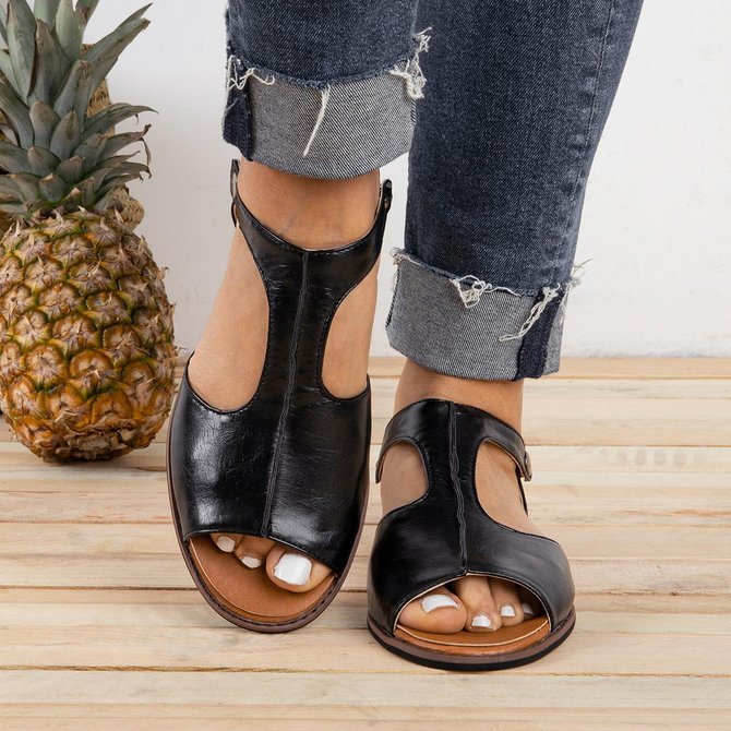 Shoes Peep Toe Flat Heel Black Vintage 