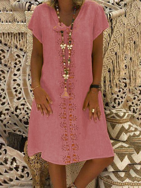 Cotton-Blend V Neck Floral-Print Casual Knitting Dress