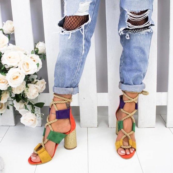 Casual Suede High Heel Lace Up Sandals