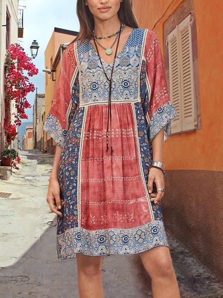 Women Half Sleeve V-Neck Vintage Floral Casual Midi Dress