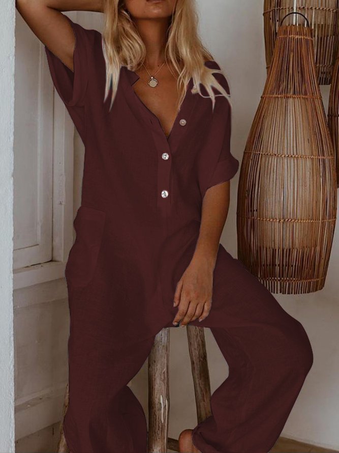 Casual Short Sleeve Solid Pockets Jumpsuits
