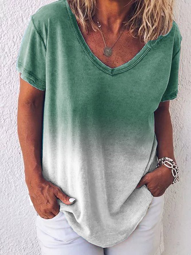 Short Sleeve Casual V Neck Dip-Dyed T-shirt