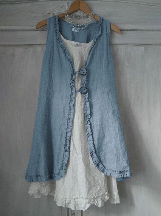 Buttoned Ruffled Sleeveless Linen Solid Blouse