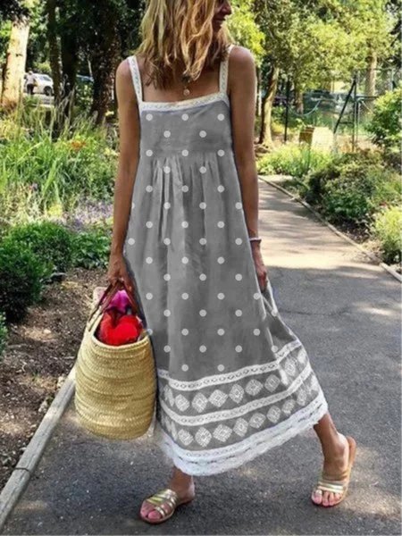 Women Sleeveless Polka Dots Casual Weaving Dress