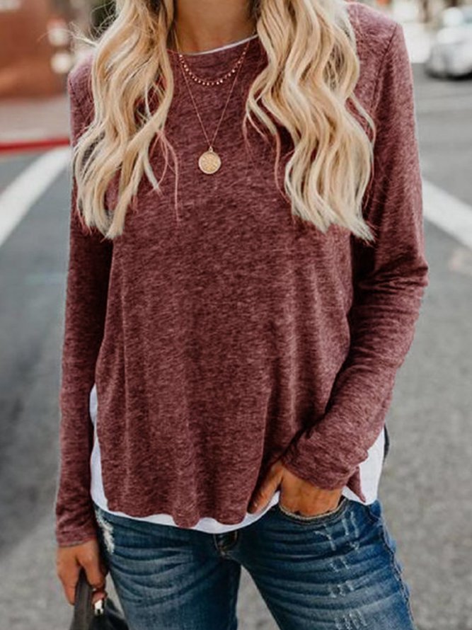 Casual Round Neck Long Sleeve Solid Cotton-Blend Shirt