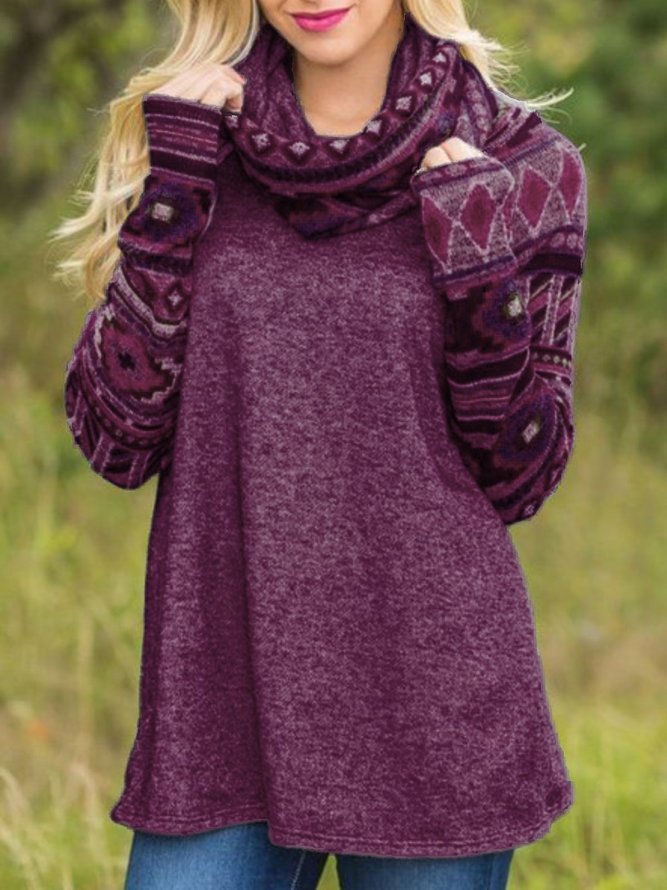 Long Sleeve Printed Cowl Neck Casual Top