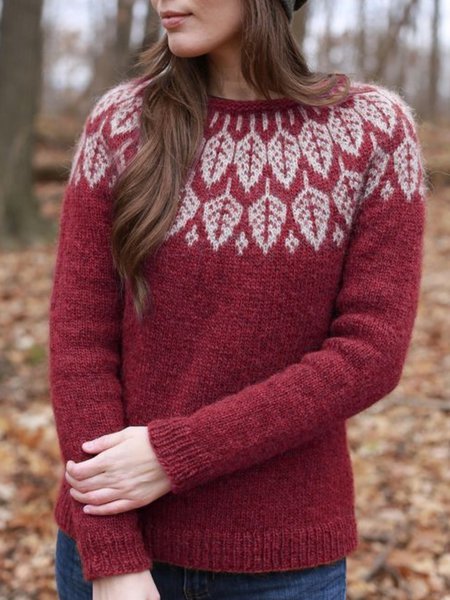 Knitted Printed Casual Crew Neck Sweater