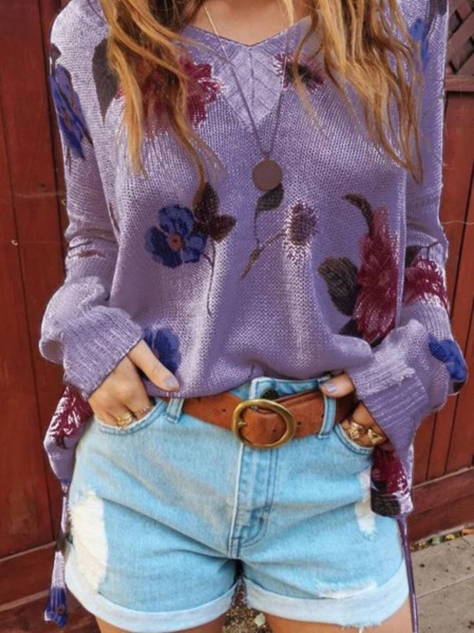 Women Casual Tops Tunic Flower Sweater
