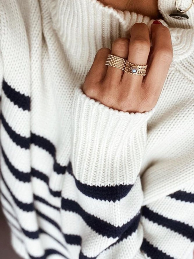 Buttoned Casual Knitted Striped Sweater