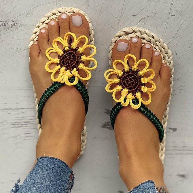Summer Sunflower Design Toe Post Flat Slipper Beach Sandals