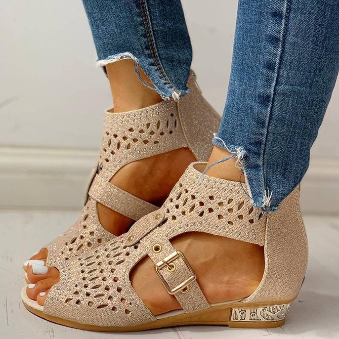 Studded Hollow Out Peep Toe Buckled Sandals