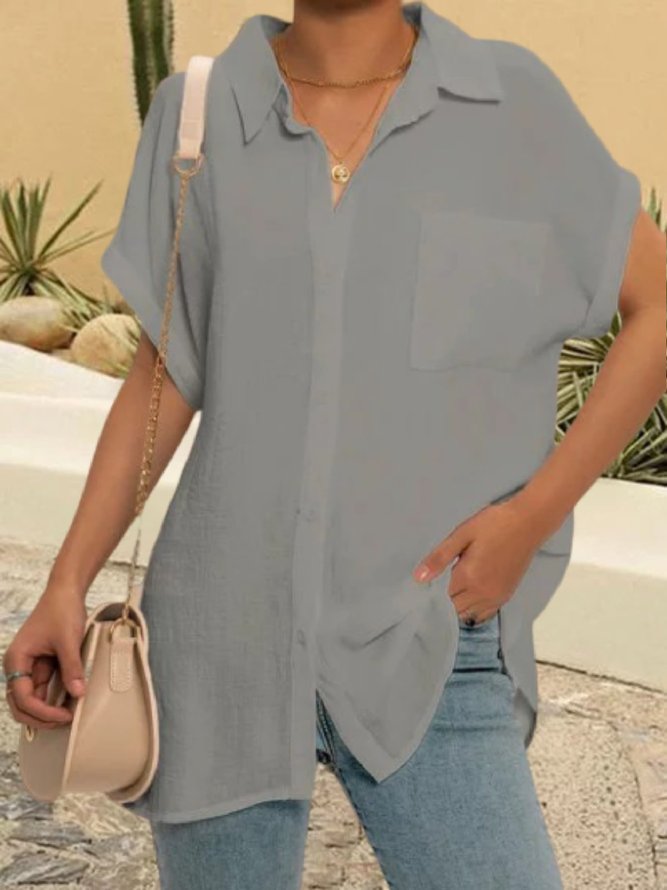Relaxed Fit Collared Short Sleeves BUTTON DOWN TOP Shirt Blouse