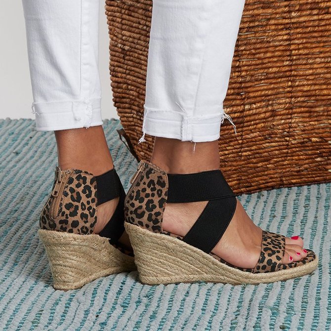 Leopard-Print Stretch-Weave Wedge Heels