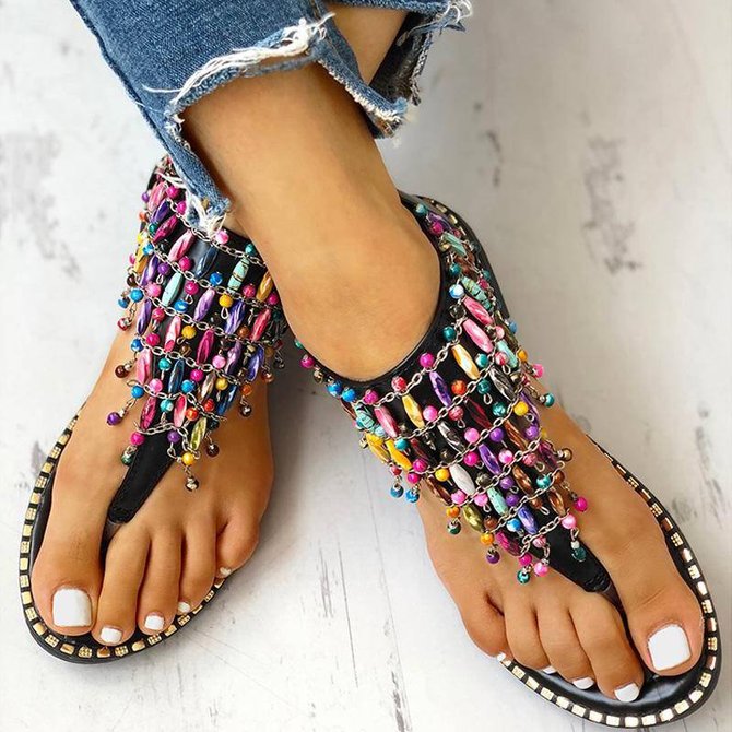 Boho Beaded Toe Ring Flat Sandals
