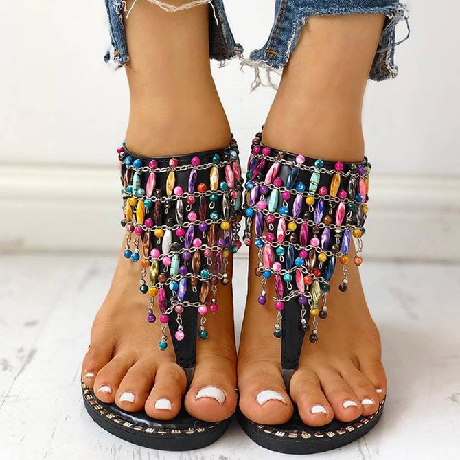 Boho Beaded Toe Ring Flat Sandals