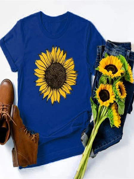 Vintage Short Sleeve Sunflower Printed Casual Top