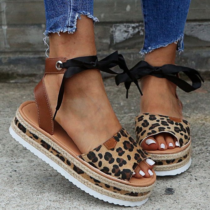 Leopard Platform Lace-Up Pu Summer Sandals
