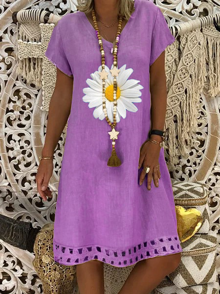 Short Sleeve Floral-print Cotton-Blend Casual Weaving Dress