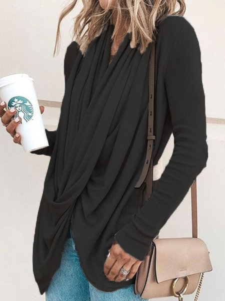 Spring/Fall Cowl Neck Asymmetrical Solid Casual T-shirt