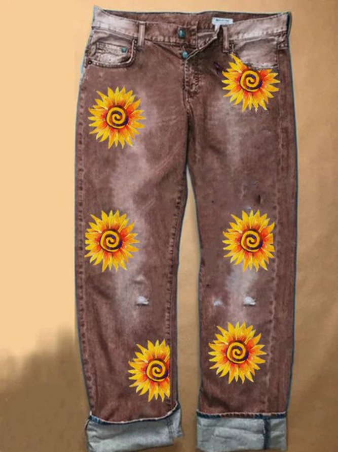 Vintage Casual Floral Printed Jeans Jeans