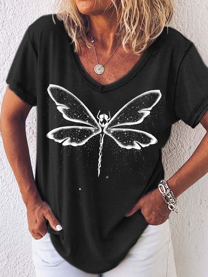 Women Dragonfly Printing V Neck Regular Fit Animal T-Shirt