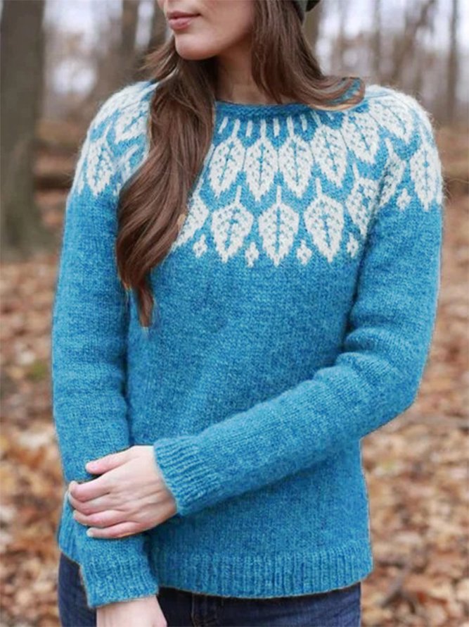 Knitted Printed Casual Crew Neck Sweater