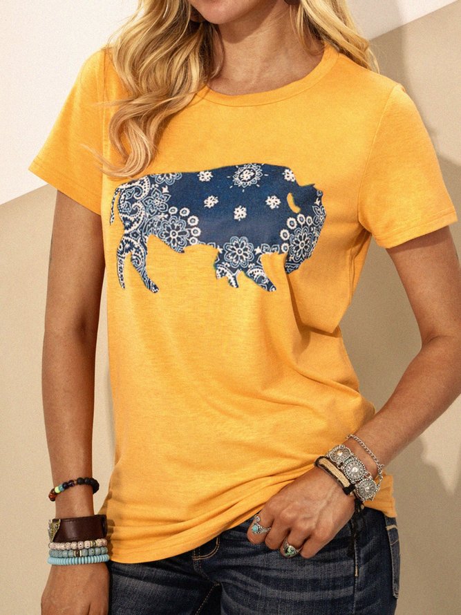 Yellow Short Sleeve Cotton Printed Animal T-shirt