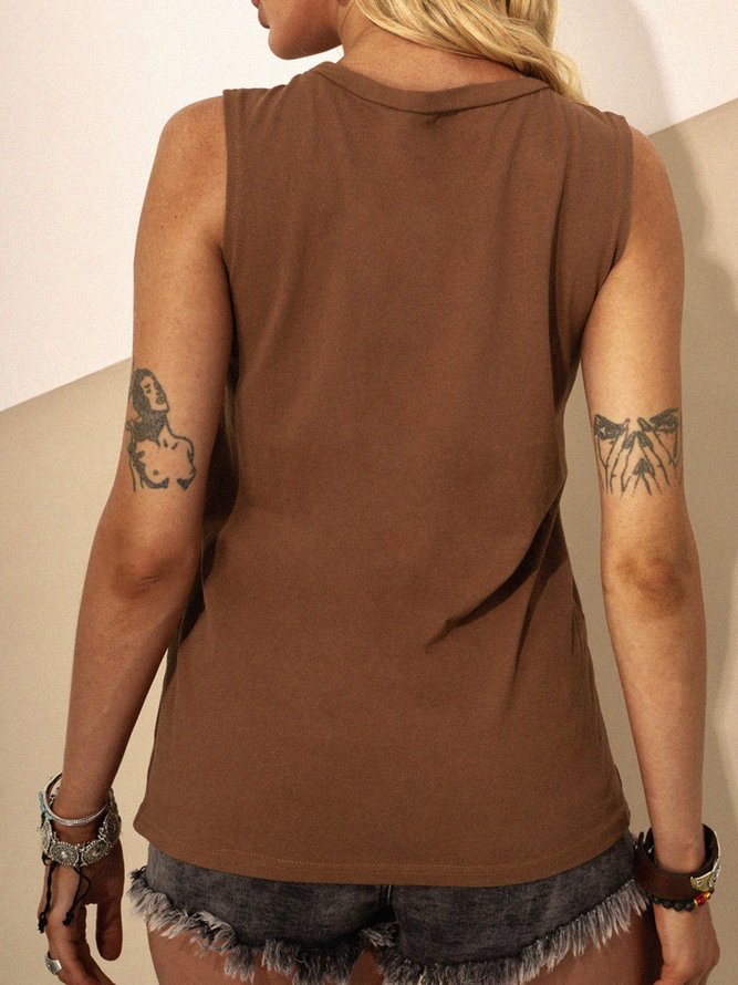 Brown Cotton Crew Neck Sleeveless T-shirt