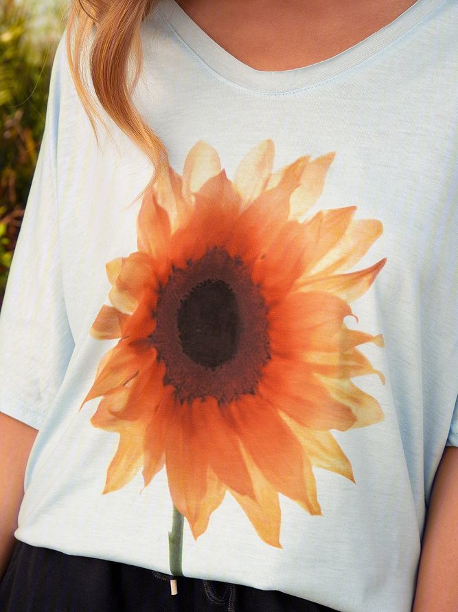 Loose casual sunflower print short sleeve round neck T-shirt
