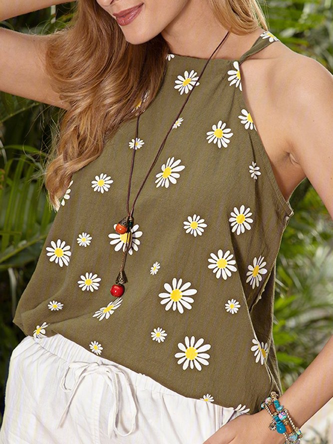 Summer casual daisy print off-shoulder T-shirt